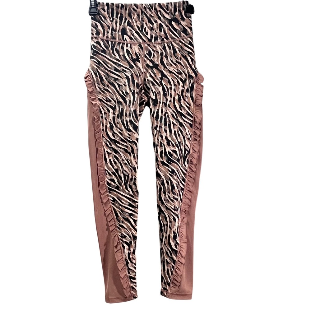 Adidas‎ Yoga Studio 7/8 High Rise Tight Pink Coral Zebra Print Ruffle S Leggings
